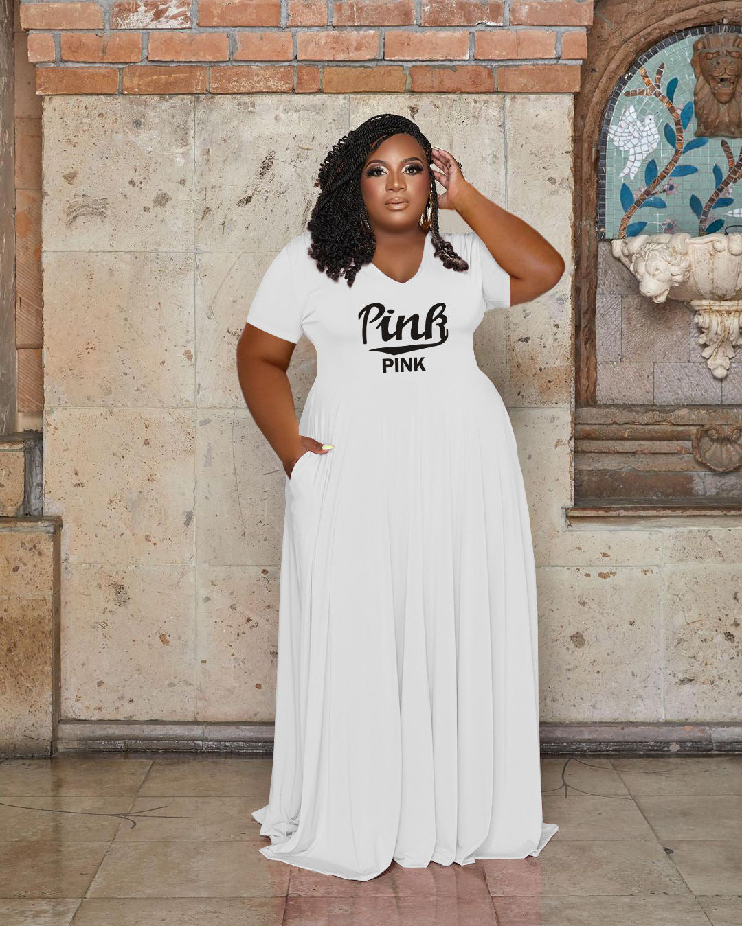 Sexy Plus Size Pink Letter Print Short Sleeve Maxi Dress