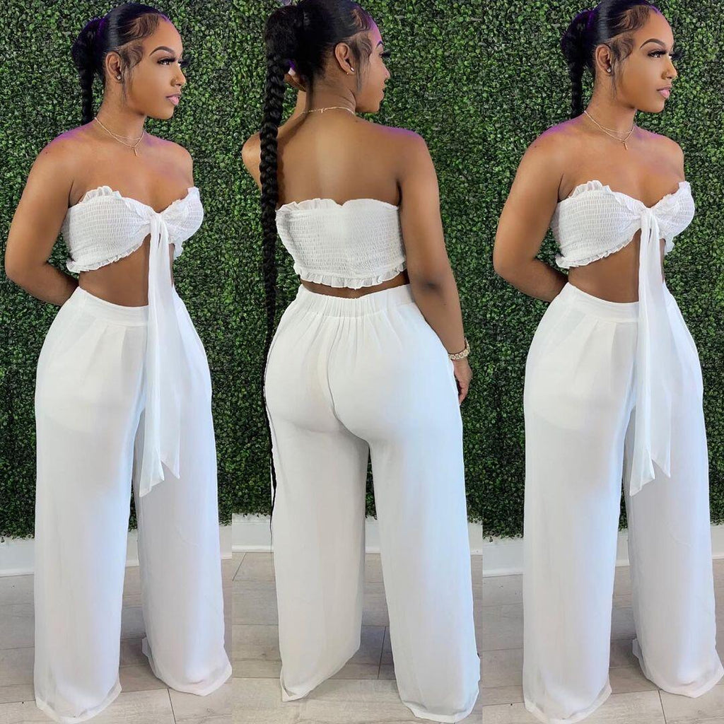 Sexy Sexy Solid Strapless Wide Leg Pants 2 Piece Sets