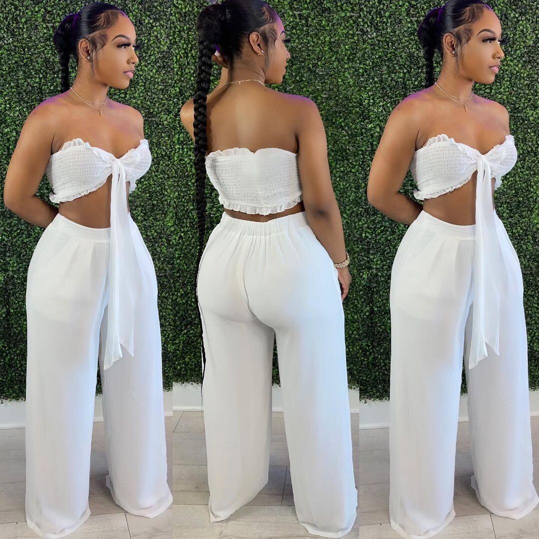 Sexy Sexy Solid Strapless Wide Leg Pants 2 Piece Sets