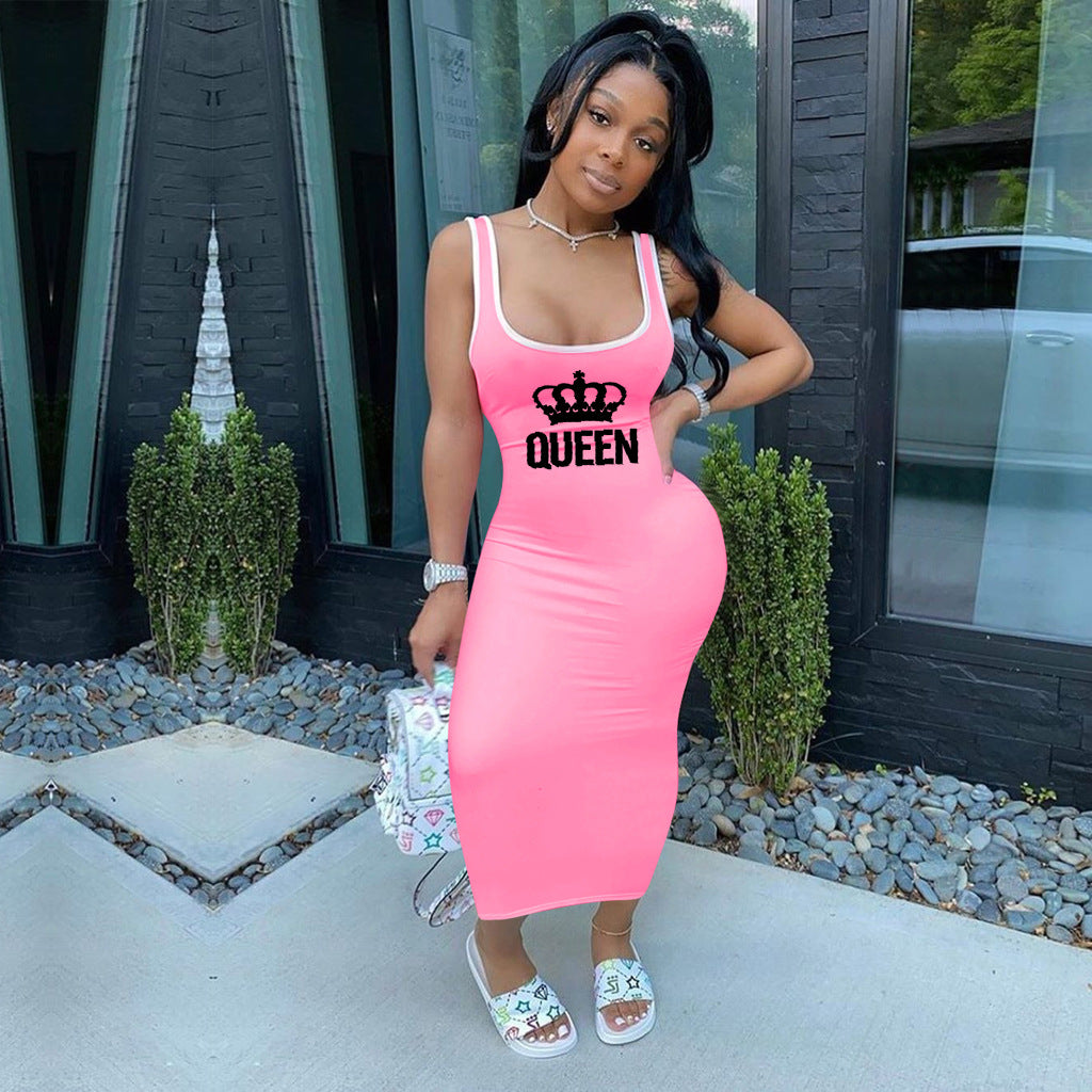 Sexy QUEEN Letter Sleeveless Maxi Dress