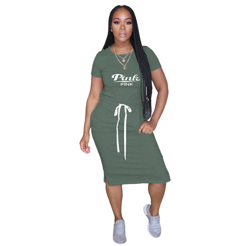 Sexy Casual Short Sleeve Solid PINK Letter Print Midi Dress