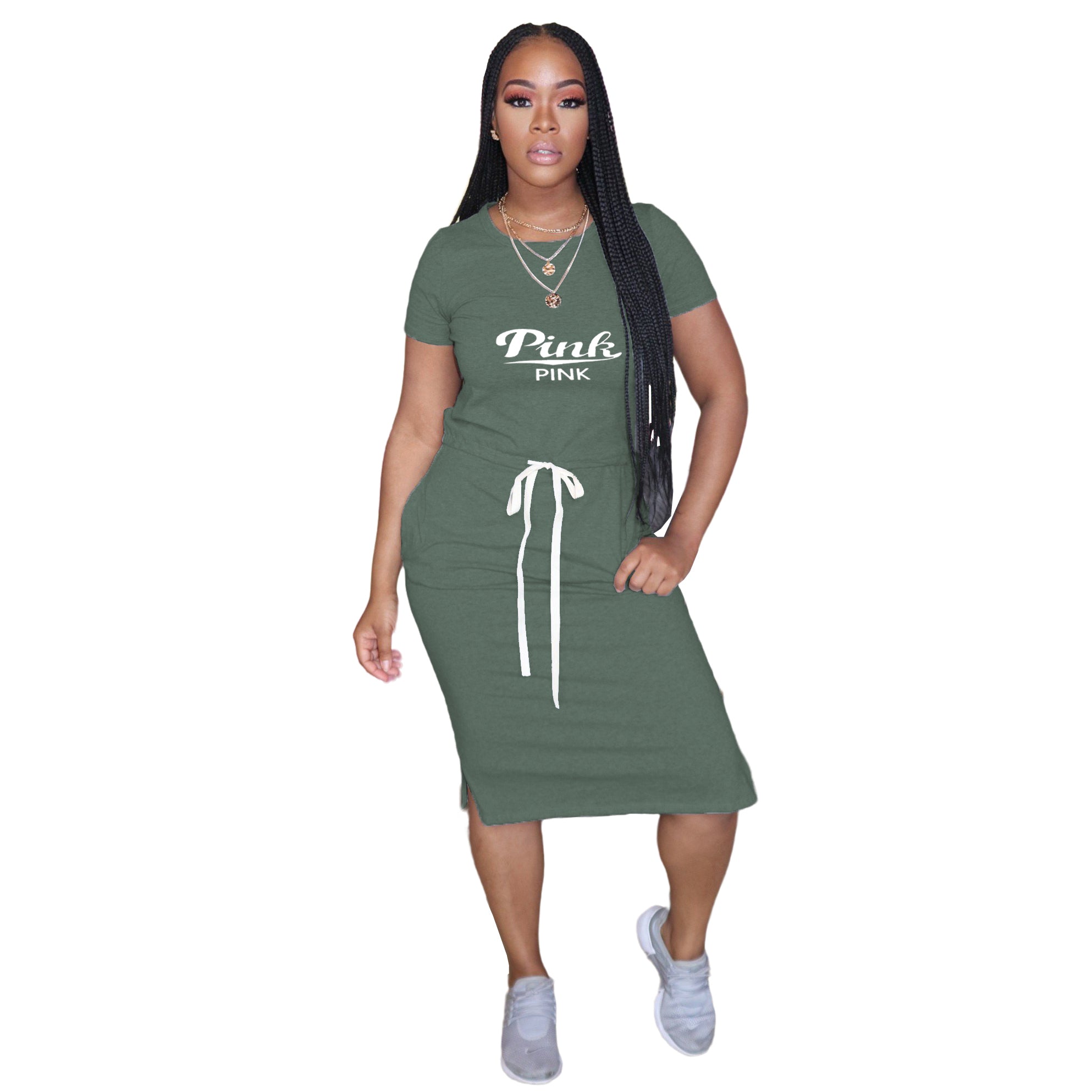Sexy Casual Short Sleeve Solid PINK Letter Print Midi Dress