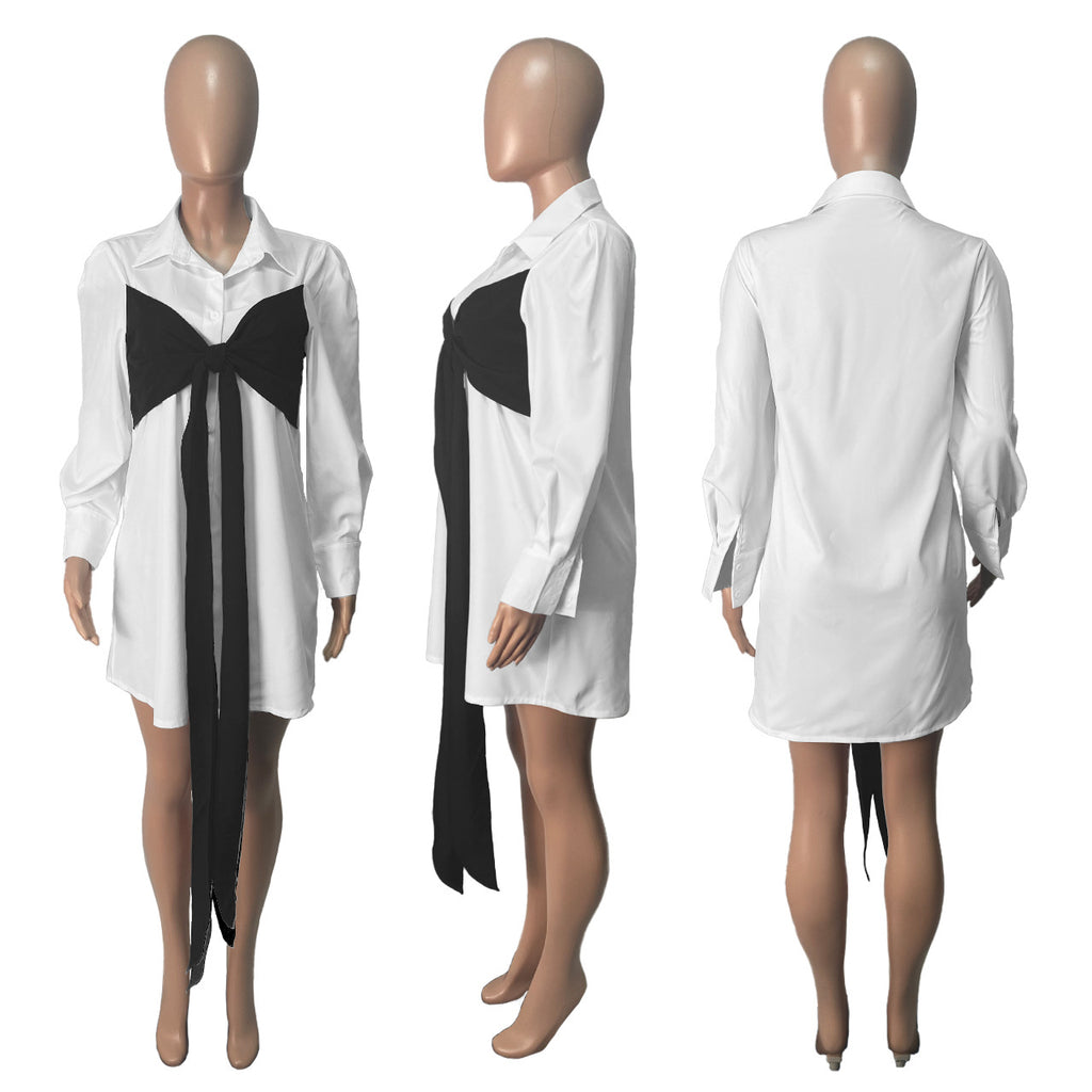 Sexy Contrast Colot Bow-Tie Long Sleeve Shirt Dress