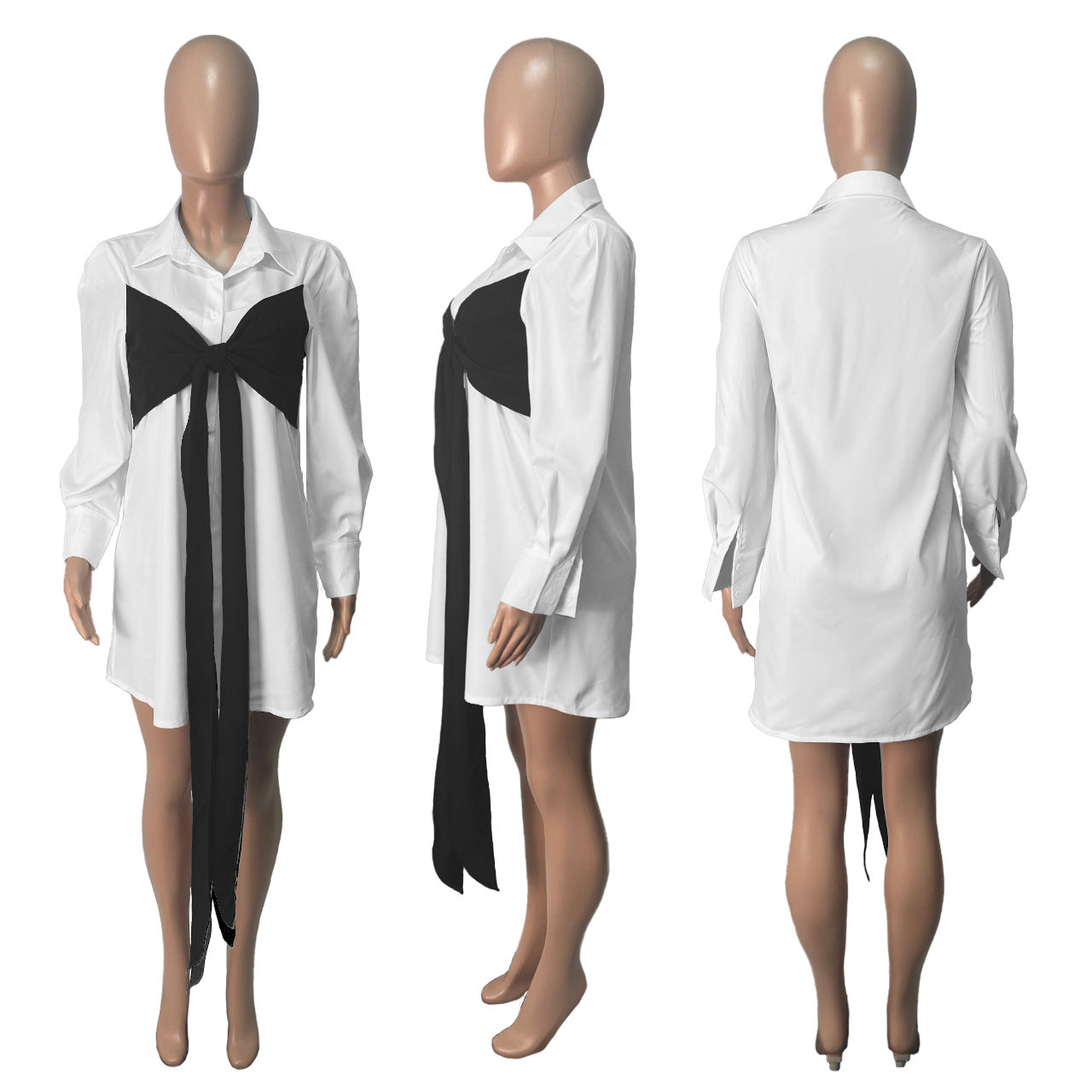 Sexy Contrast Colot Bow-Tie Long Sleeve Shirt Dress