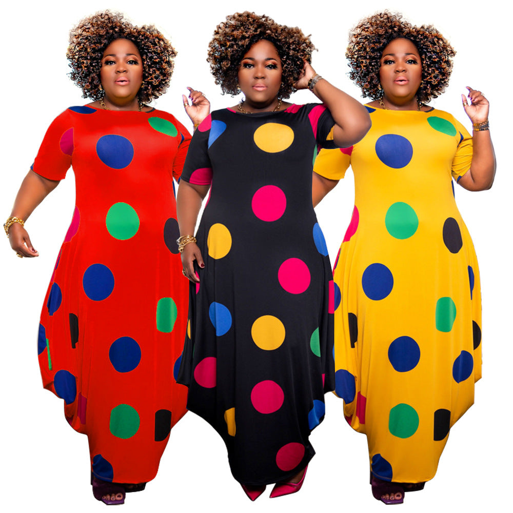 Sexy Plus Size Dot Print Short Sleeve Loose Maxi Dress