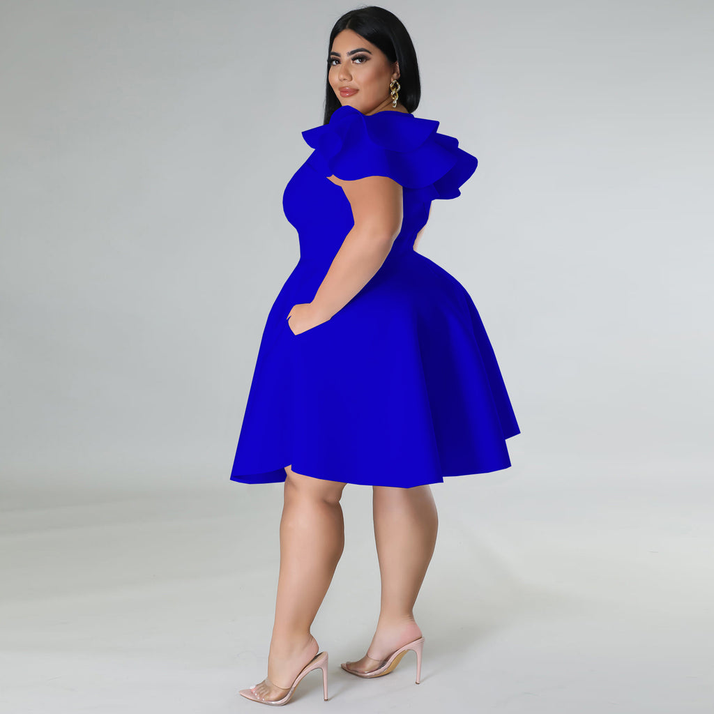Sexy Plus Size Solid Ruffled High Waist Midi Dress