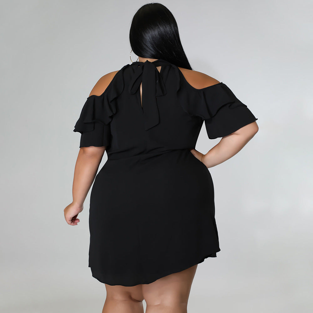 Sexy Plus Size Solid Ruffled Cold Shoulder Mini Dress