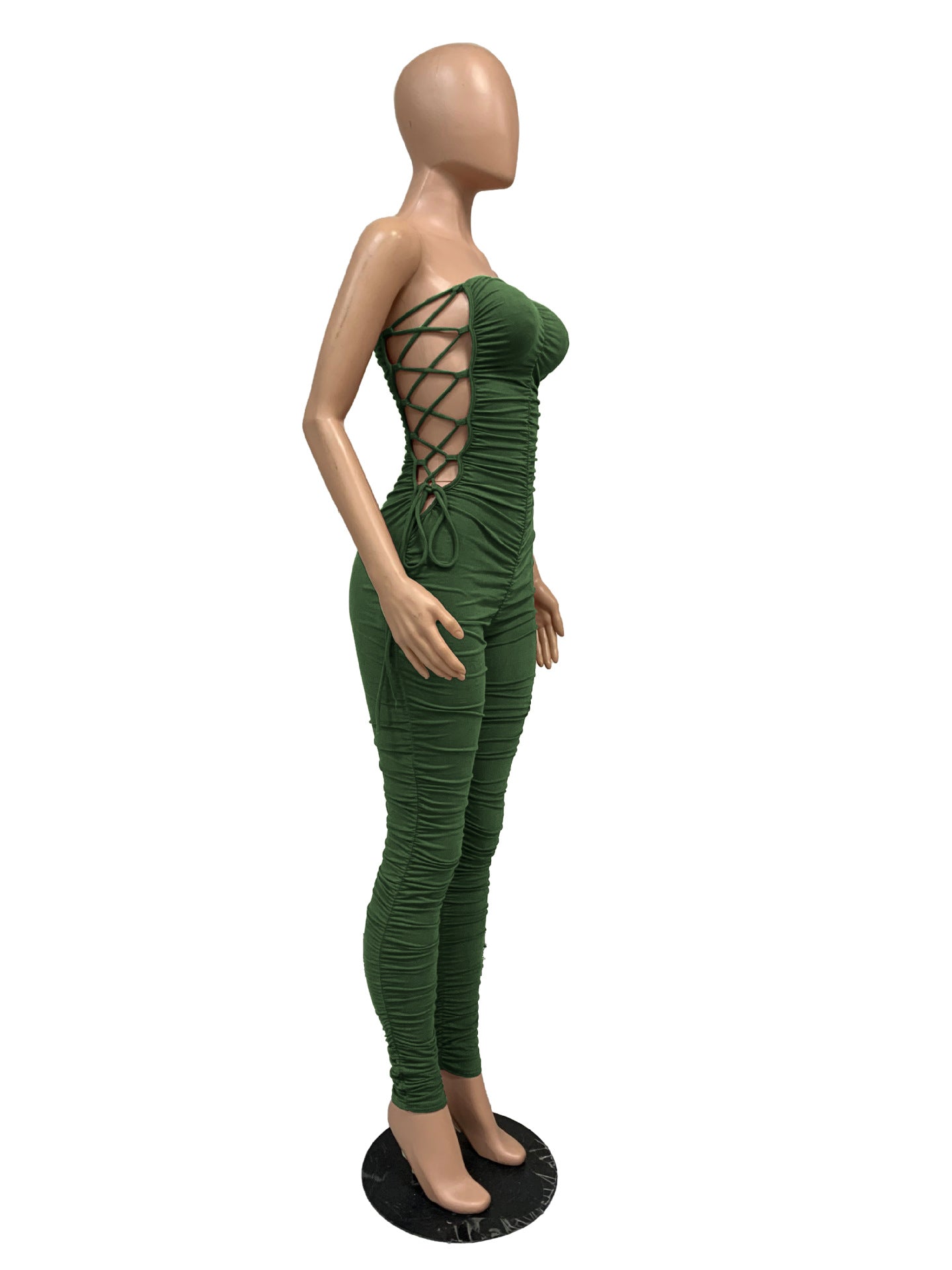 Sexy Sexy Solid Lace-Up Ruched Bandage Tube Jumpsuit