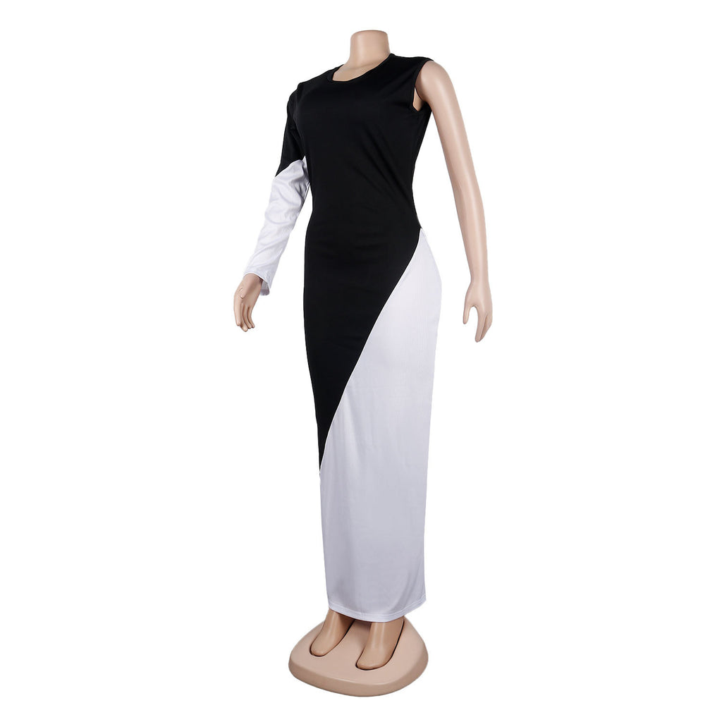 Sexy Contrast Color Patchwork One Shoulder Maxi Dress