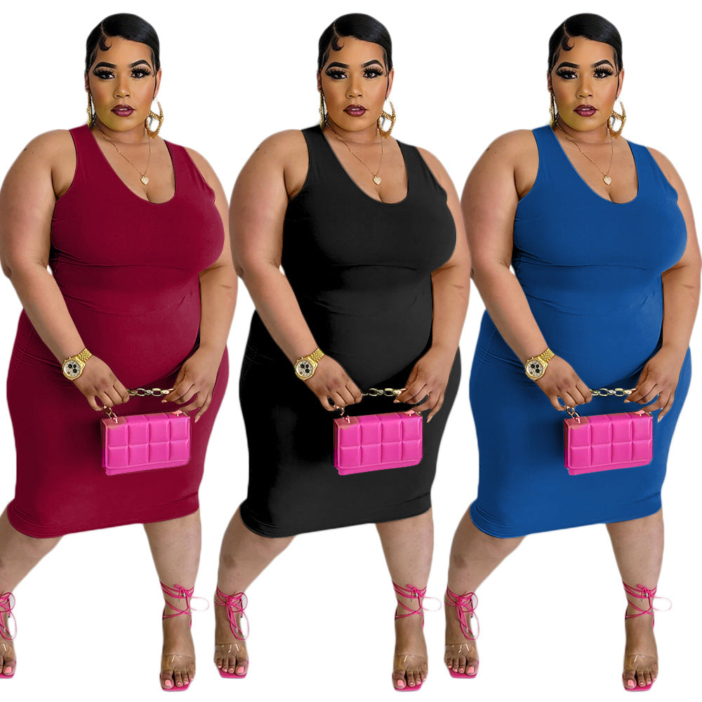 Sexy Plus Size Solid Sleeveless Bodycon Dress