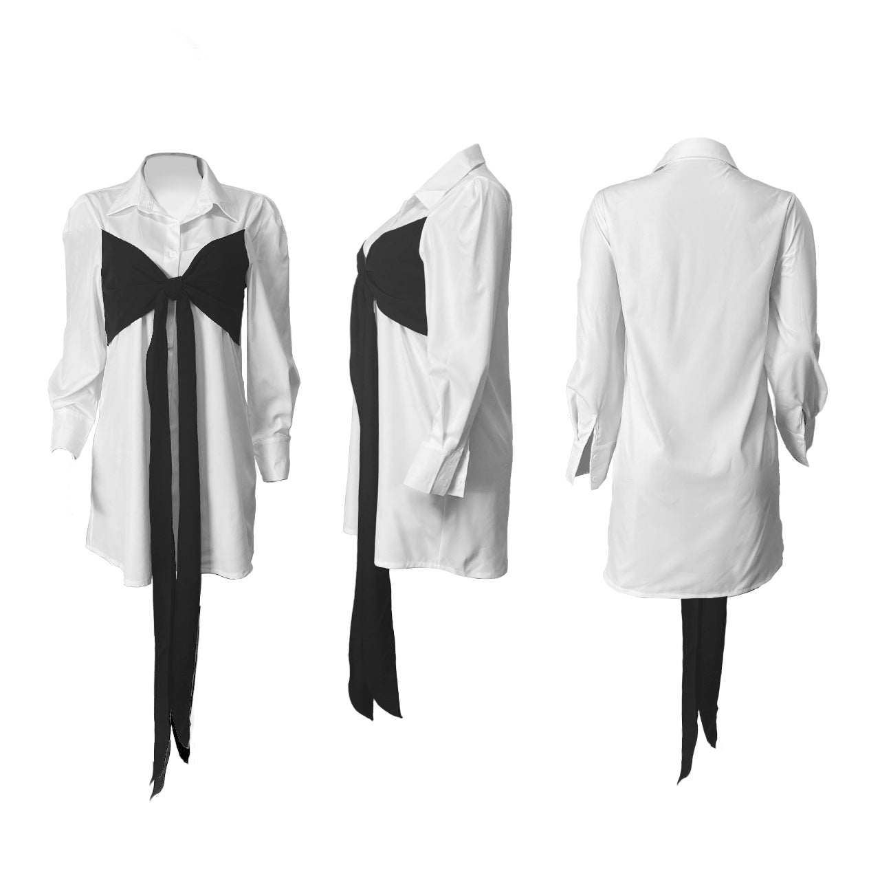 Sexy Contrast Colot Bow-Tie Long Sleeve Shirt Dress