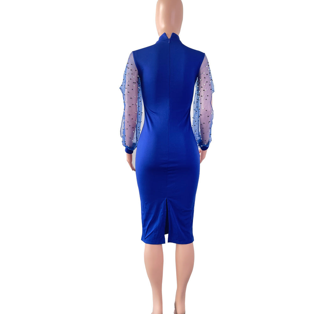 Sexy Solid Fashion Bead Long Sleeve Slim Midi Dress