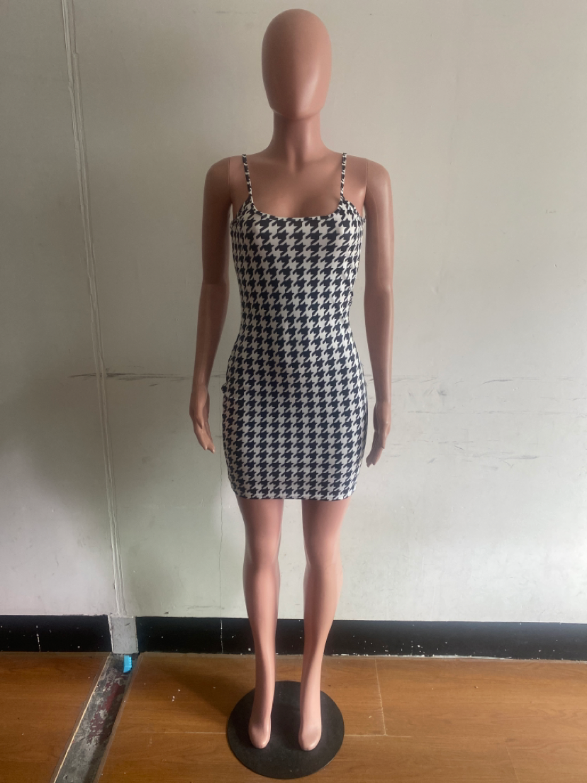 Sexy Plus Size Houndstooth Print Spaghetti Strap Mini Dress