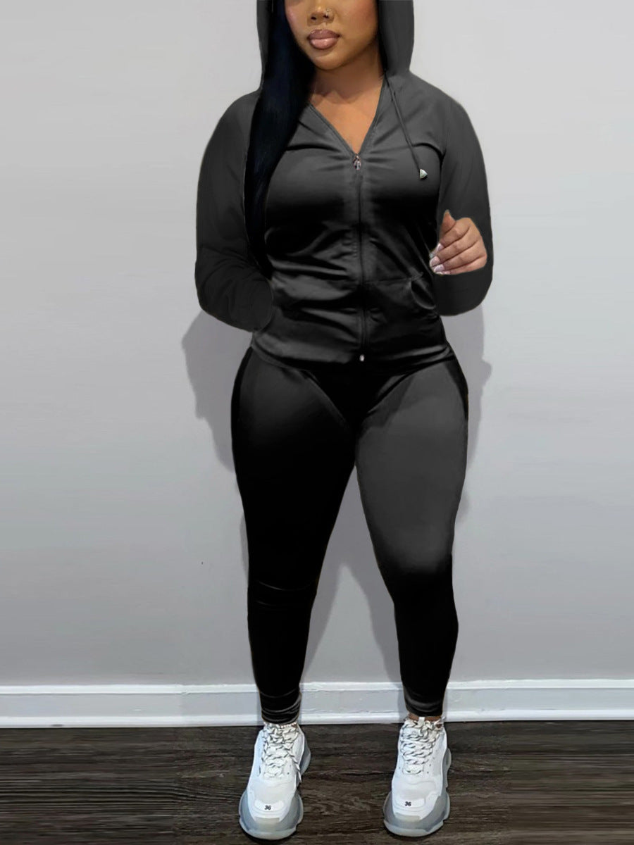 Sexy Fashion Zipper Hooded And Pants Two Piece Set