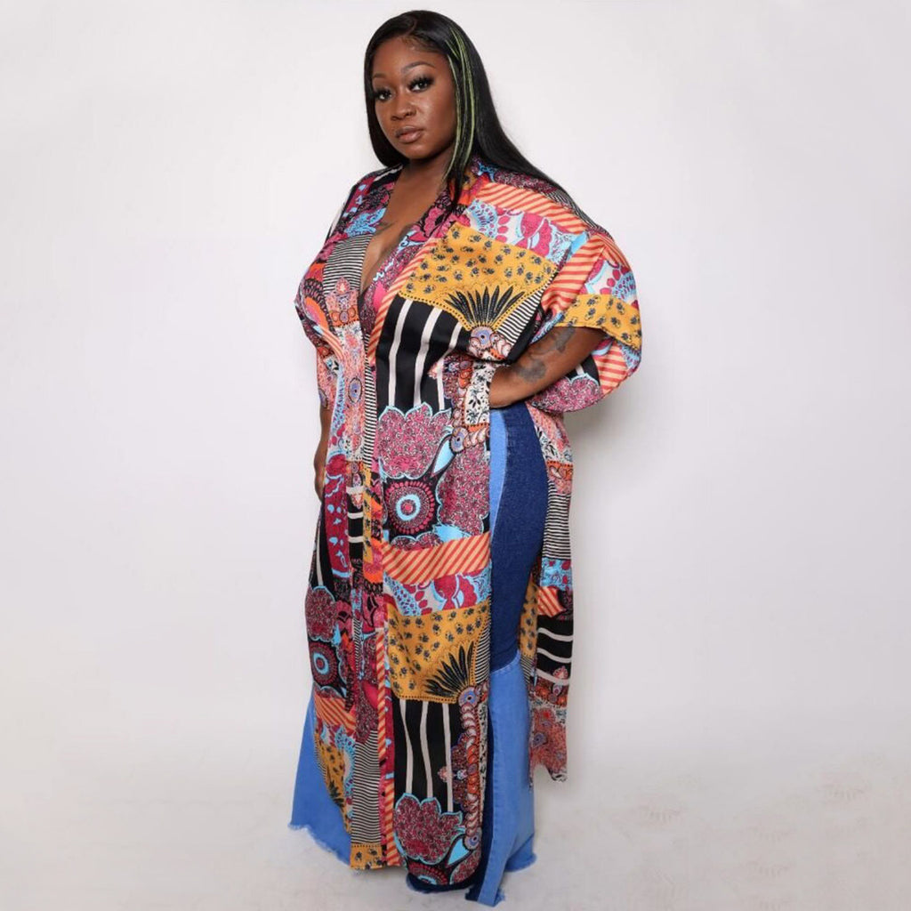 Sexy Plus Size Printed V Neck Loose Vacation Maxi Dress