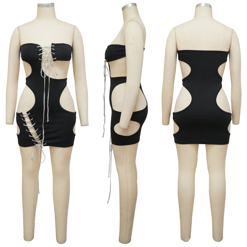 Sexy Solid Color Tube Top Sexy Nightclub Hollow Tie Up Mini Dress