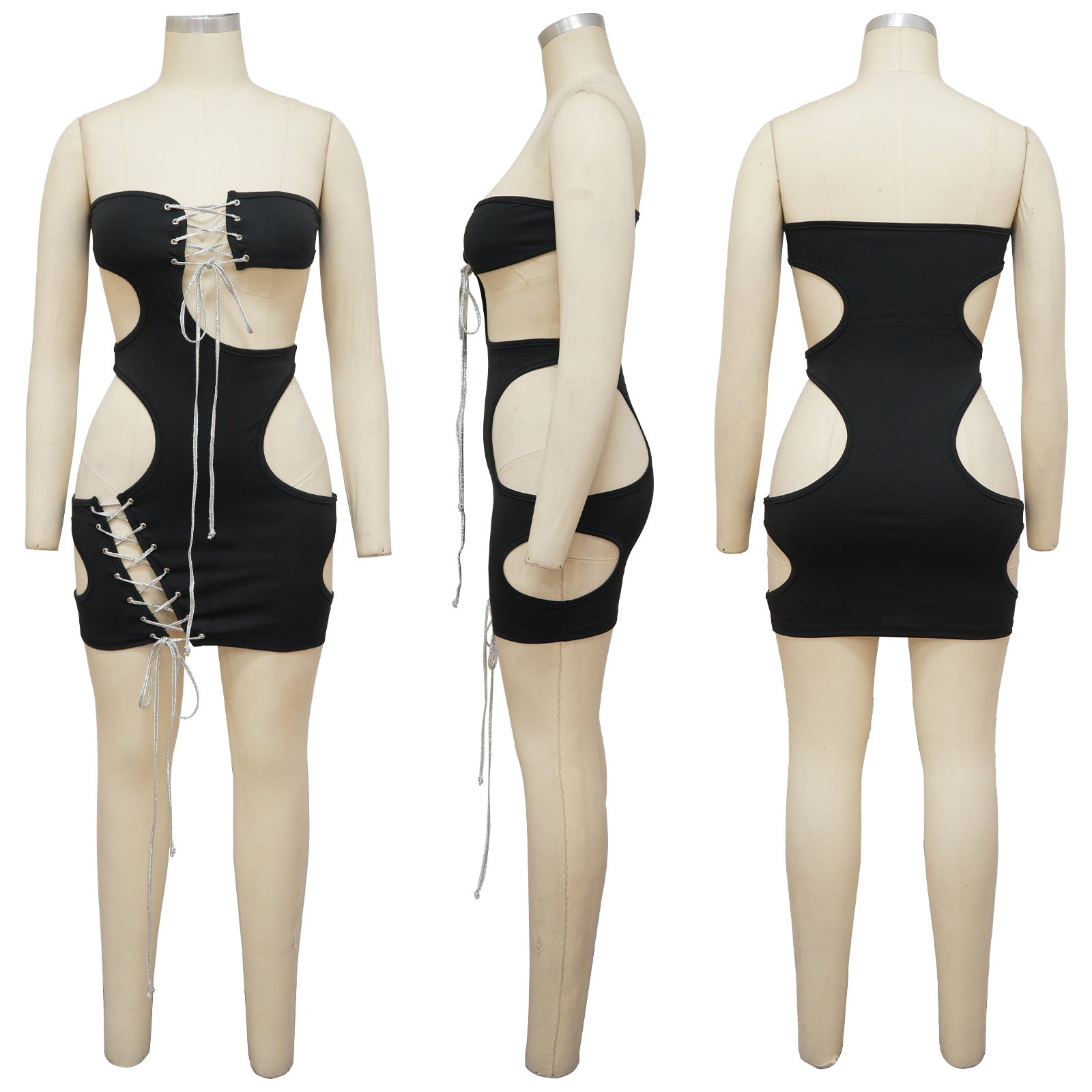 Sexy Solid Color Tube Top Sexy Nightclub Hollow Tie Up Mini Dress