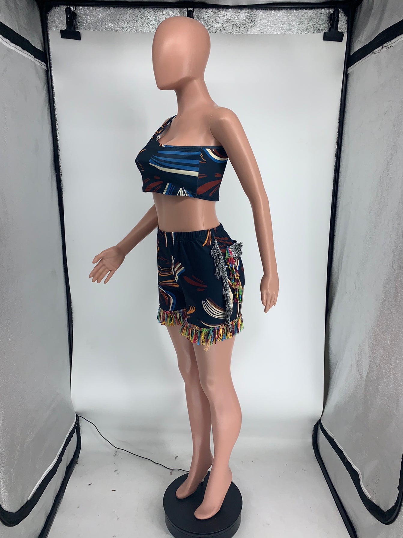 Sexy Sexy Printed One Shoulder Tassel Shorts 2 Piece Sets