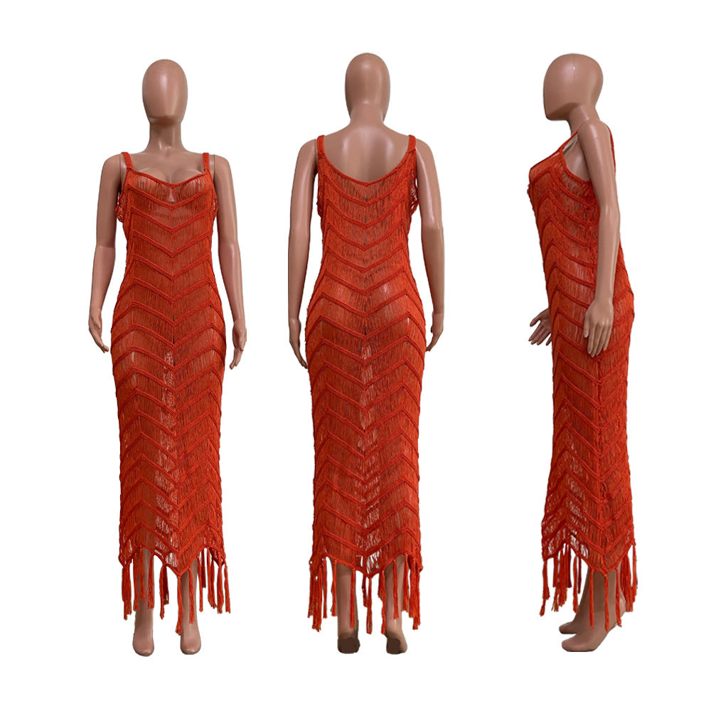 Sexy Sexy Knitted Tassel Sleeveless Seaside Maxi Dress