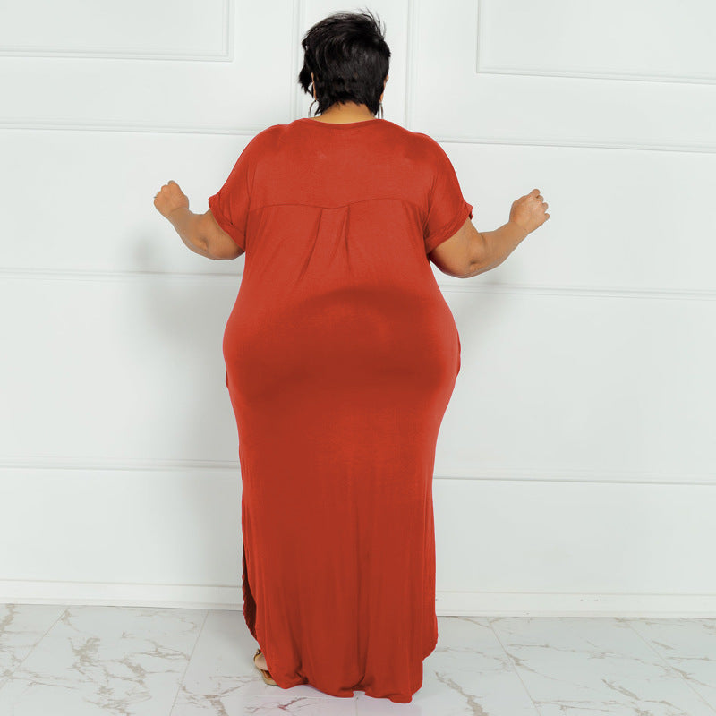 Sexy Plus Size Solid Short Sleeve Split Maxi Dress