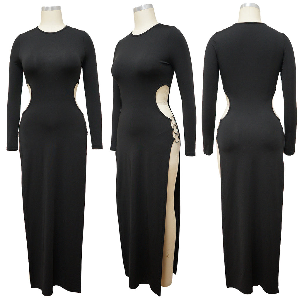 Sexy Solid Color Round Neck Sexy Slit Long Dress