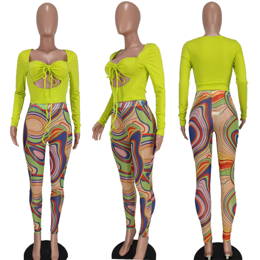 Sexy Sexy Crop Top+Mesh Printed Pants 2 Piece Sets