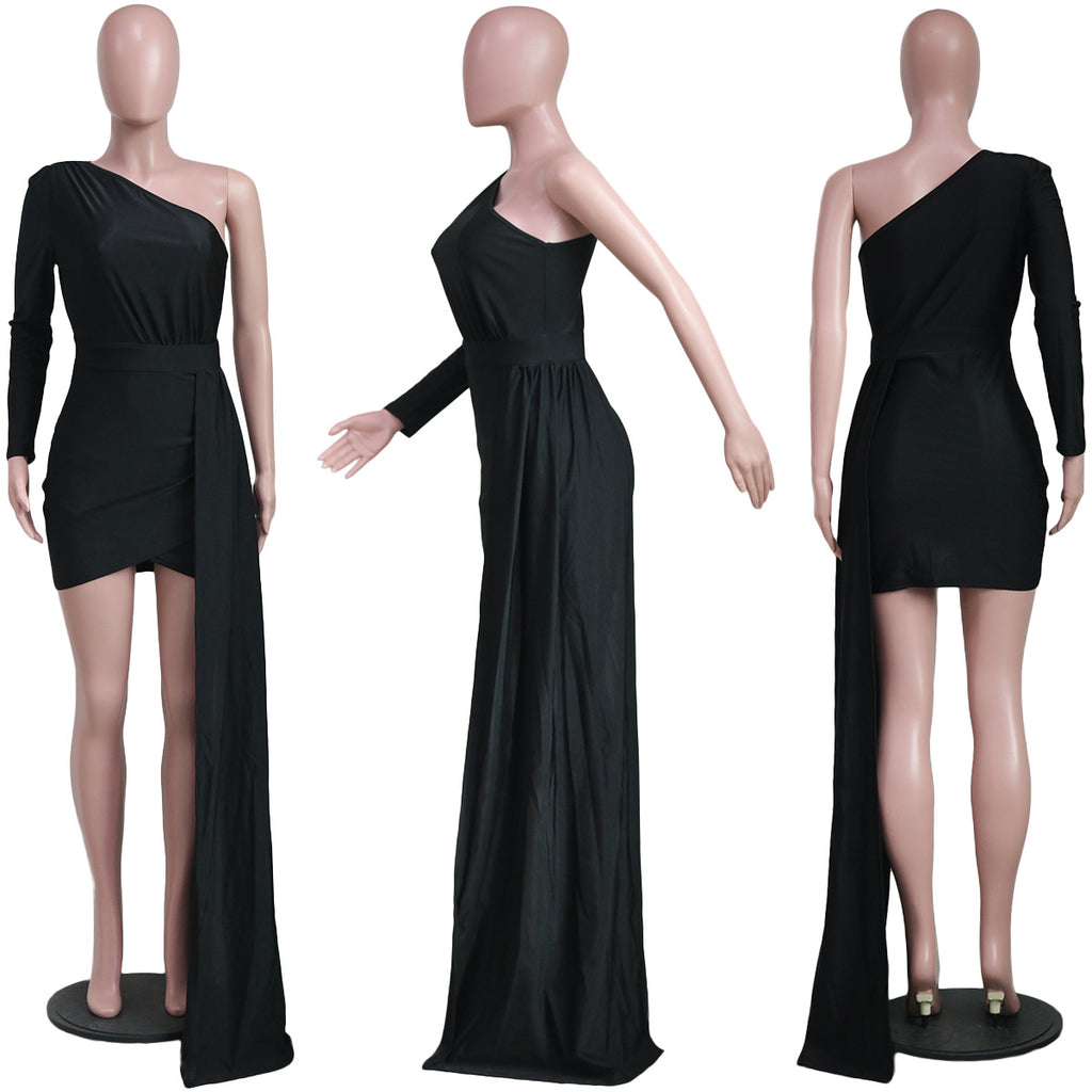 Sexy Solid One Shoulder Irregular Mini Dress