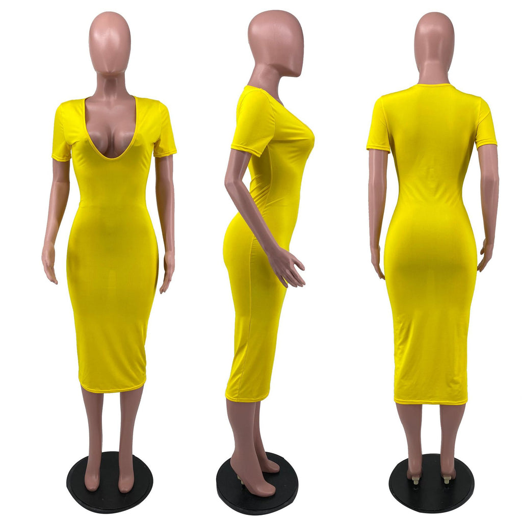 Sexy Solid Short Sleeve Slim Midi Dress