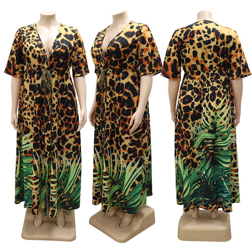 Sexy Plus Size Leopard  V Neck Split Maxi Dress