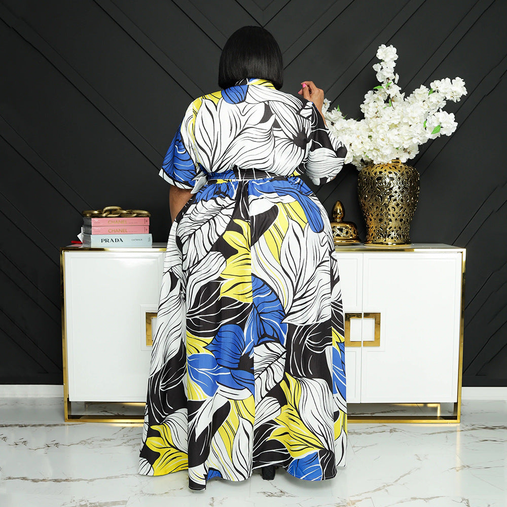 Sexy Plus Size Printed Short Sleeve Buttons Belted Maxi Dress