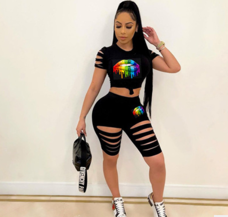 Sexy Fashion Print Ripped Hole Two Piece Sets
