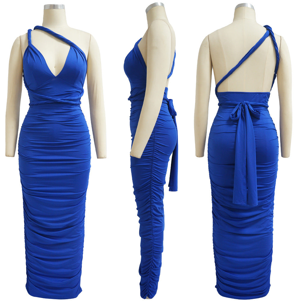 Sexy Solid Color Sexy Backless Ruched Maxi Dress