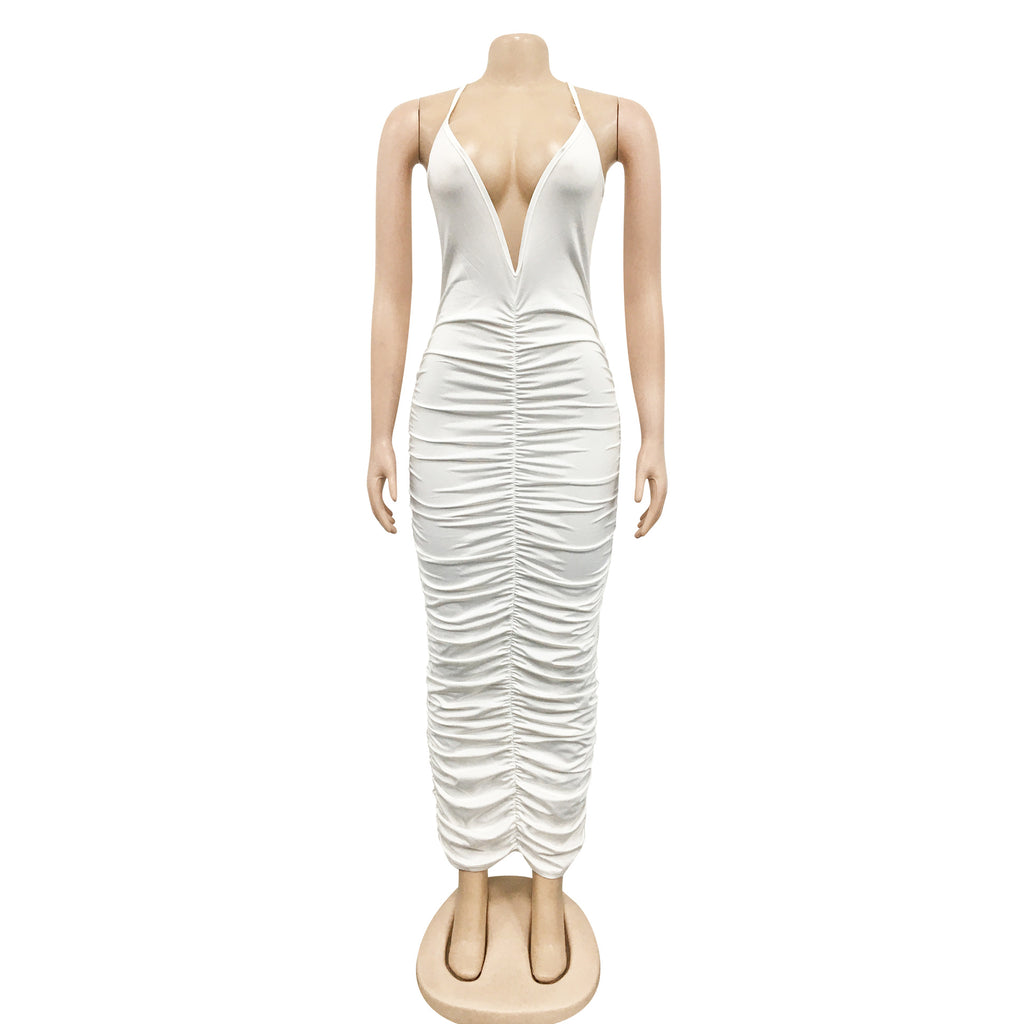 Sexy Solid Ruched V Neck Split Sling Maxi Dress