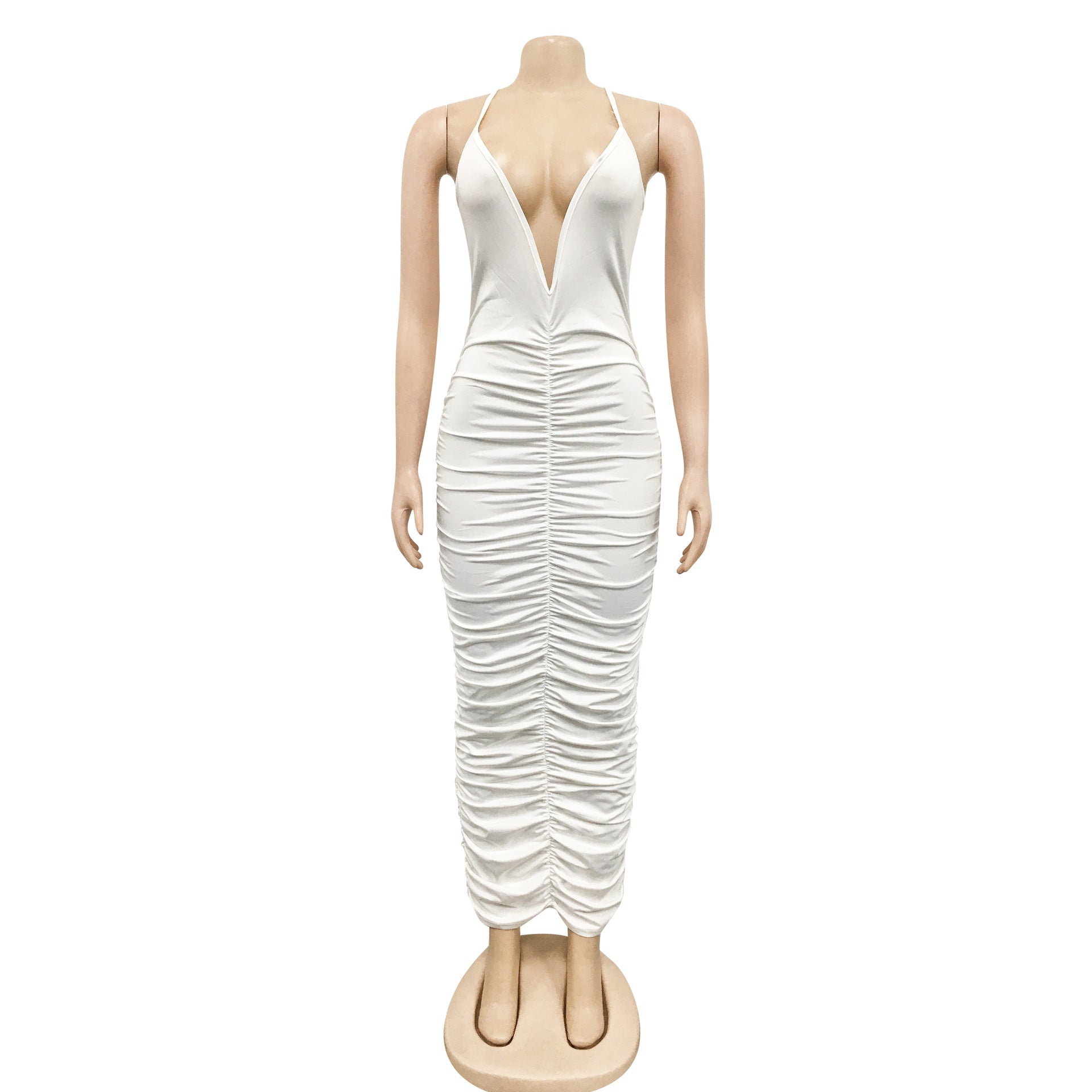 Sexy Solid Ruched V Neck Split Sling Maxi Dress