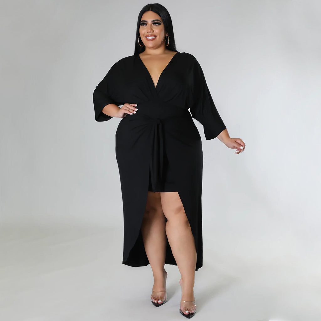 Sexy Plus Size Solid V Neck Irregular Long Dress