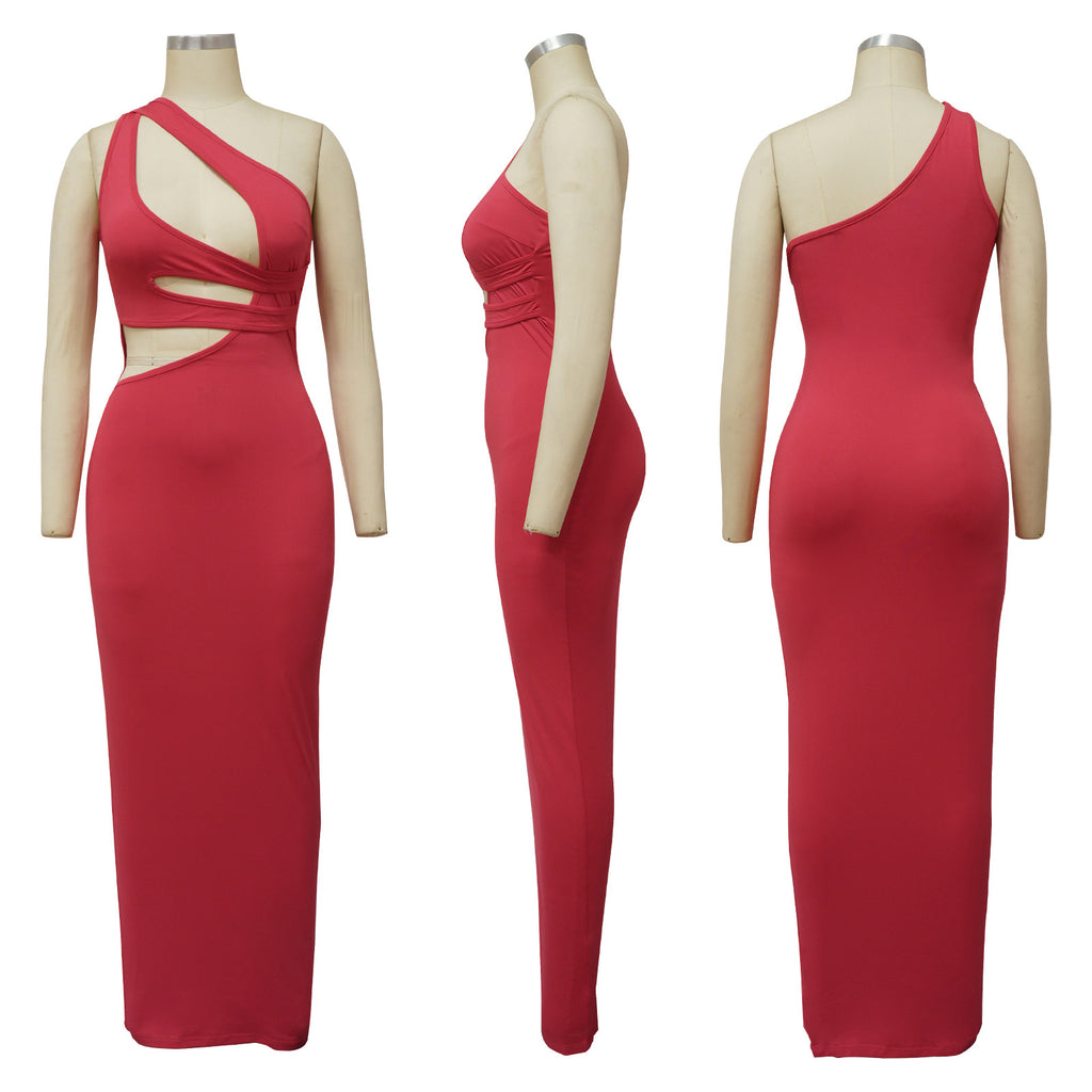 Sexy Sexy Solid Color Hollow Sloping Shoulder Slim Maxi Dress