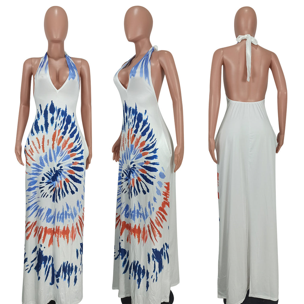 Sexy Sexy Printed V Neck Halter Maxi Dress