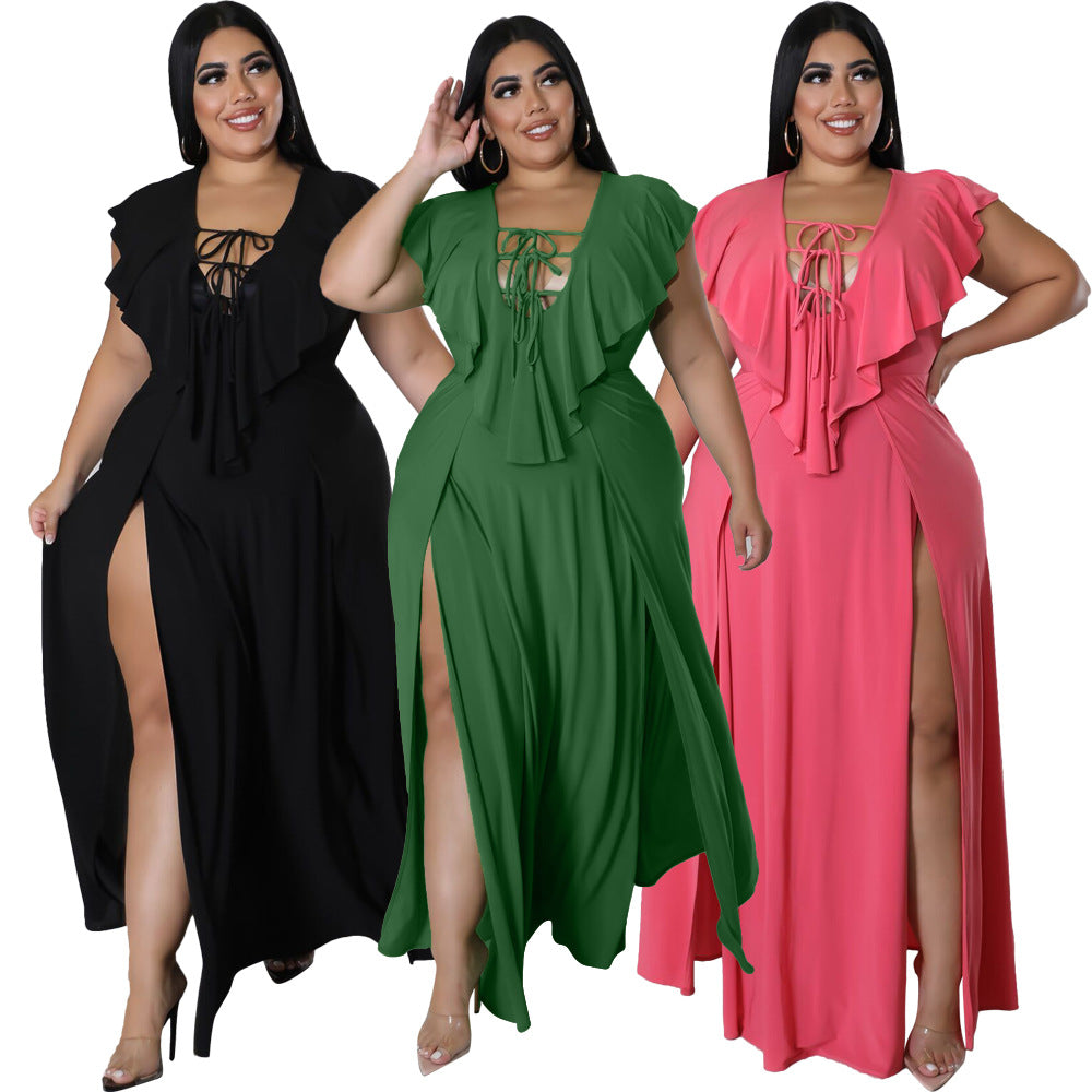 Sexy Plus Size Solid Ruffle Split Maxi Dress