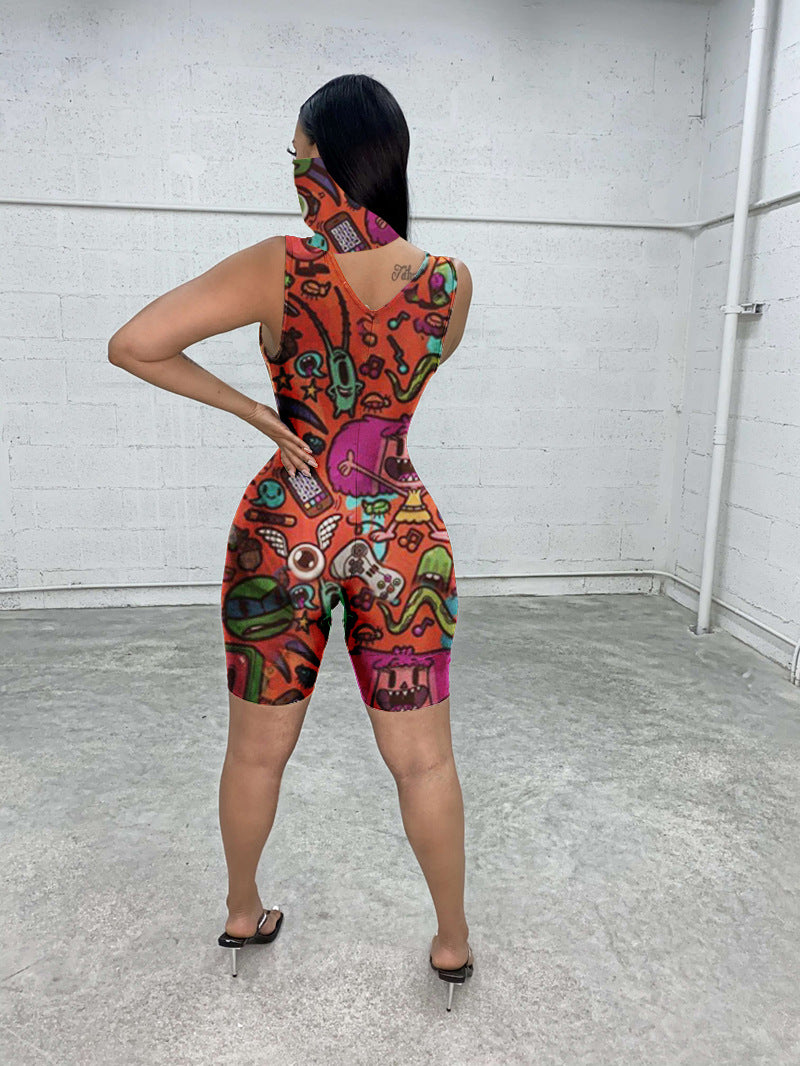 Sexy Casual Printed Sleeveless Romper With Mask