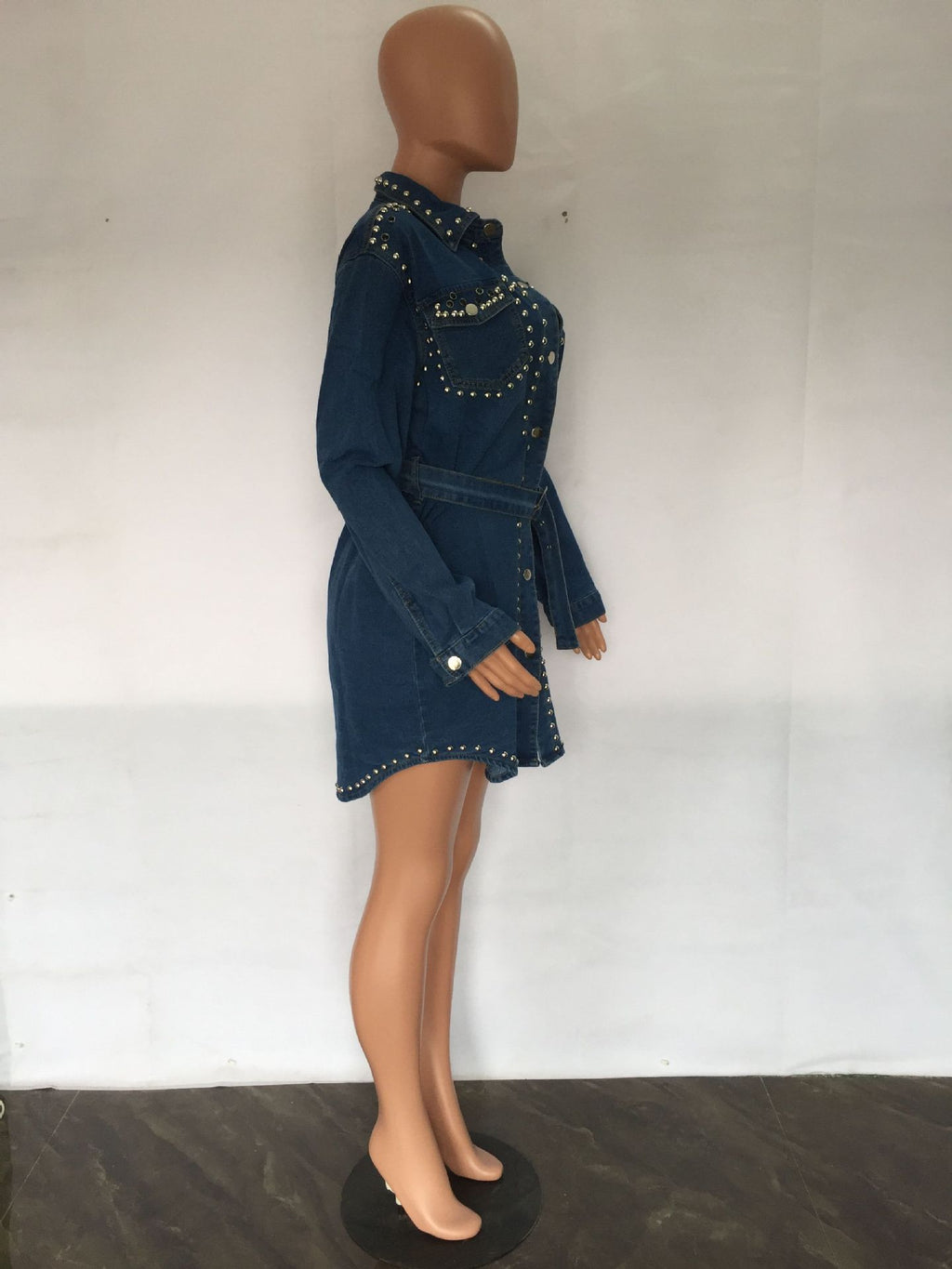 Sexy Denim Rivet Long Sleeve Belted Mini Dress