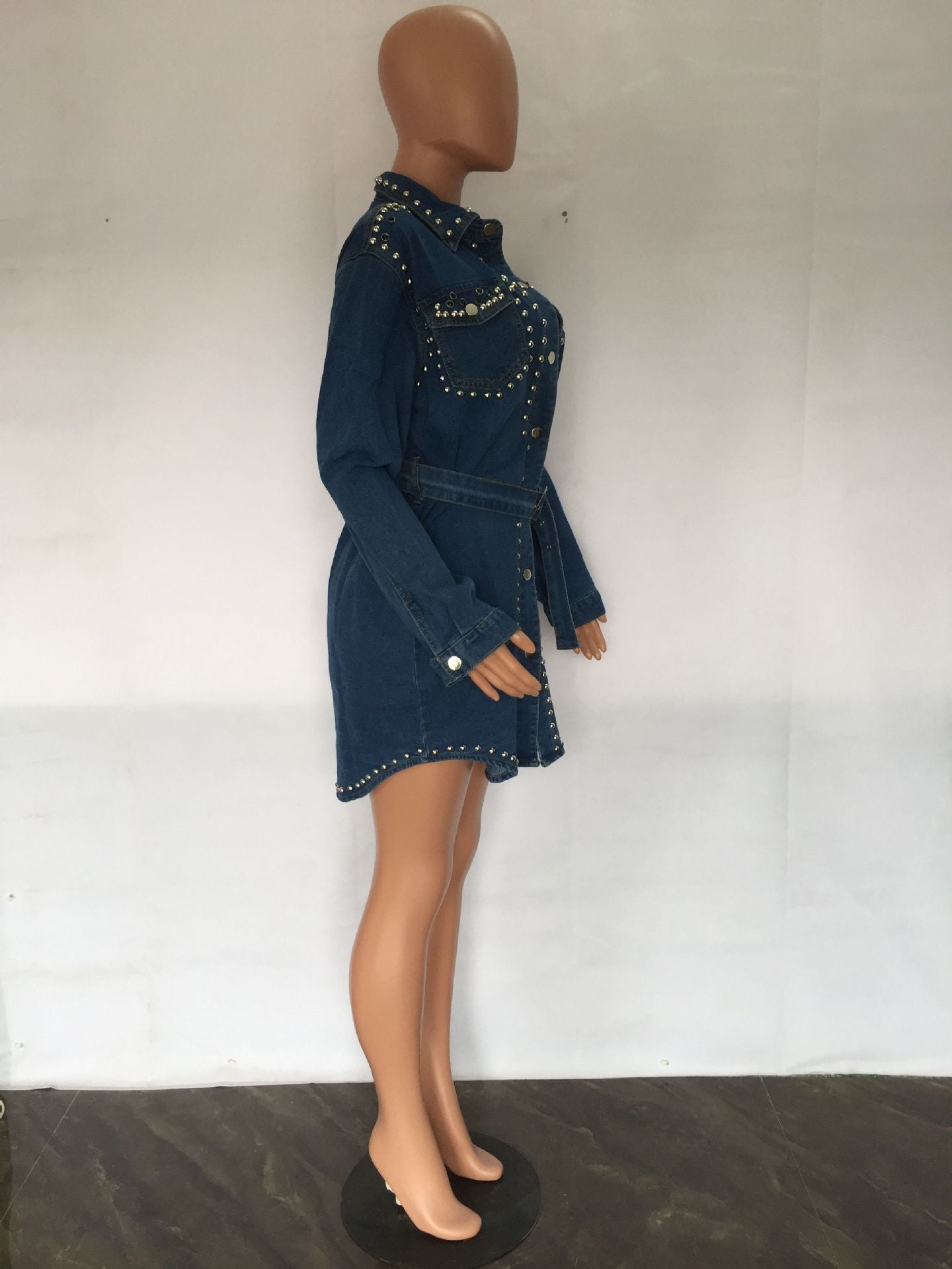 Sexy Denim Rivet Long Sleeve Belted Mini Dress