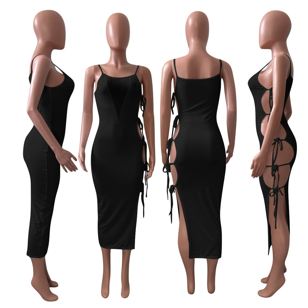 Sexy Sexy Solid Spaghetti Strap Hollow Out Midi Dress