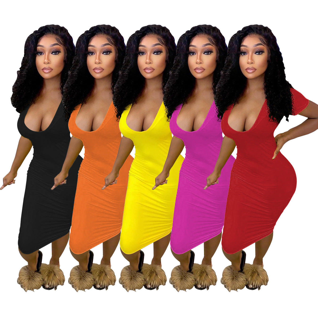 Sexy Solid Short Sleeve Slim Midi Dress