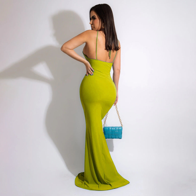 Sexy Plus Size Solid Backless Sling Maxi Dress
