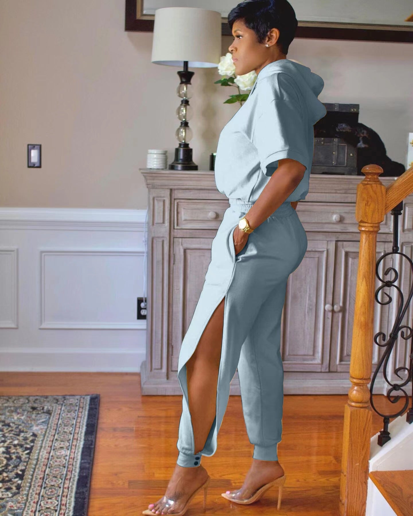 Sexy Casual Solid Hoodie And Slit Pants Sports Two Piece Set