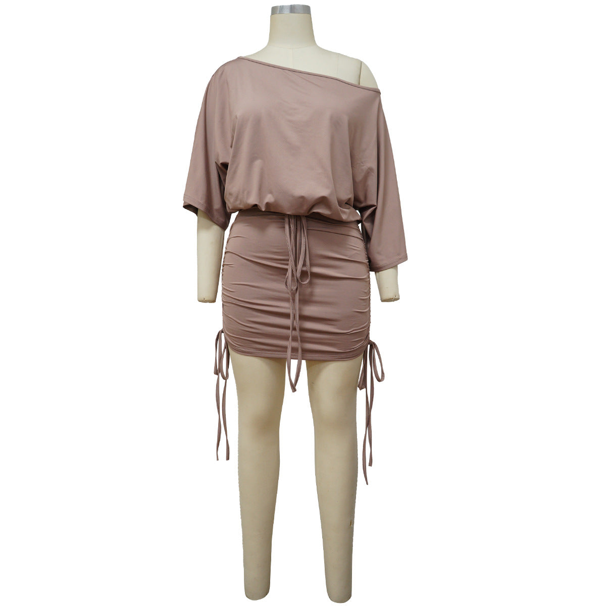 Sexy Solid Color Wrinkled Bat Sleeve Mini Dress