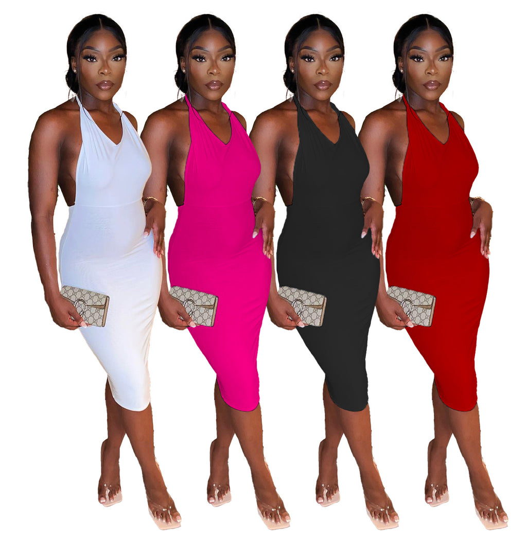 Sexy Solid V Neck Backless Ruched Midi Dress