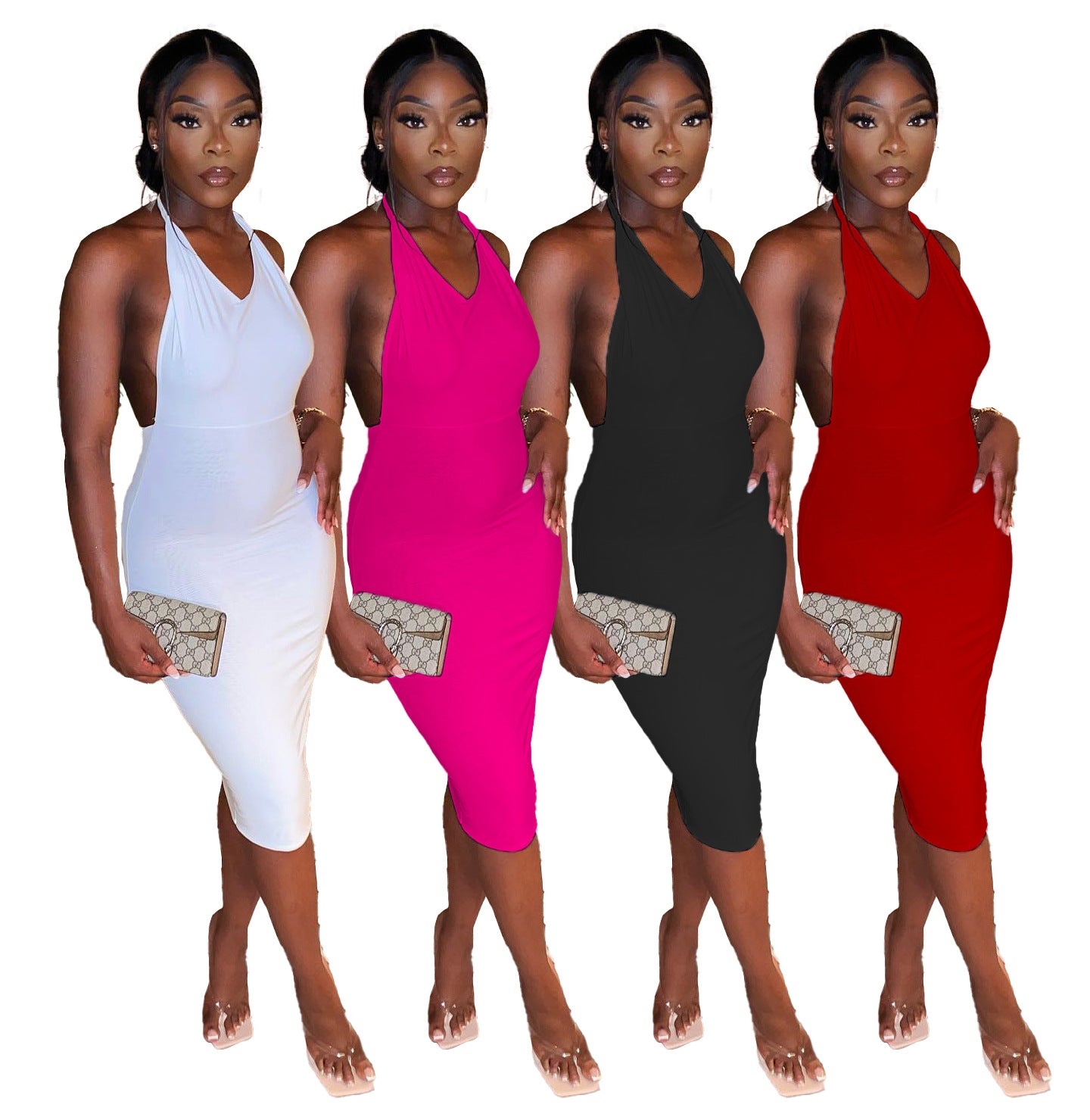Sexy Solid V Neck Backless Ruched Midi Dress