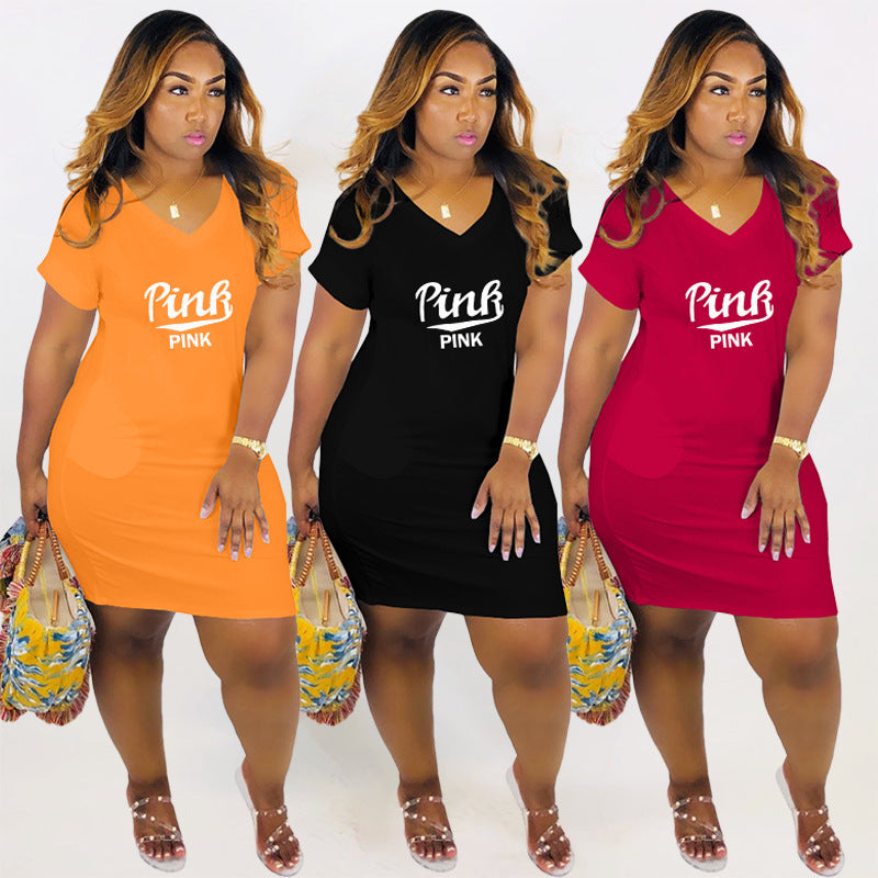 Sexy Pink Letter Print V Neck Short Dress