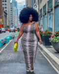 Sexy Plus Size Snake Skin Print One Shoulder Split Maxi Dress
